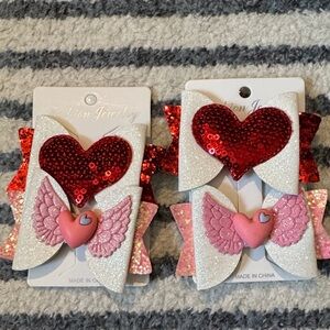 Kids Sparkle Heart & Wing Hair Bow Clips - Pink & Red